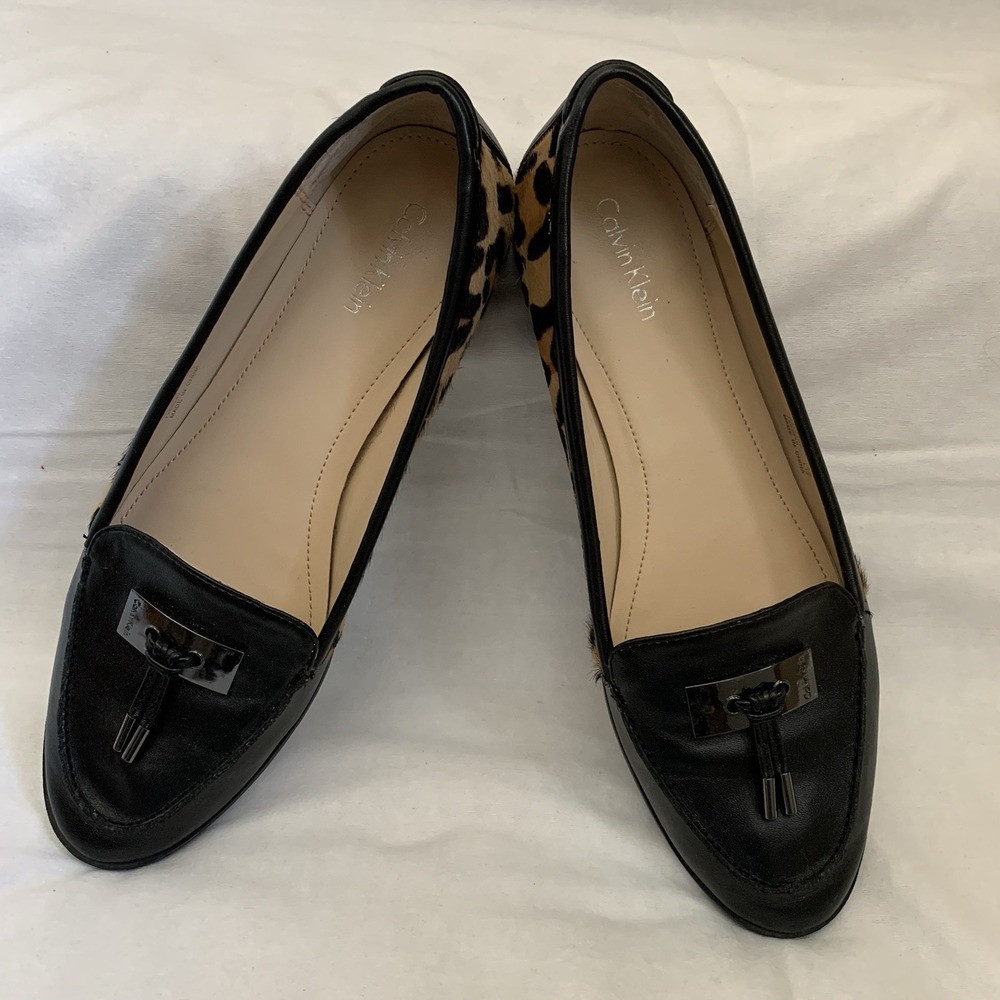Calvin Klein Women's Sz 8M Black Leather Leopard Calf Hair Loafer Ballet Flats